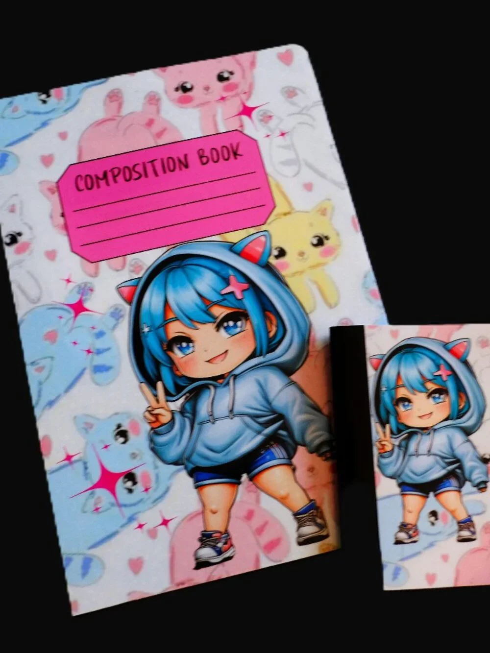 Custom Composition Book & Mini Notebook, Handmade, school, anime, girl, cat